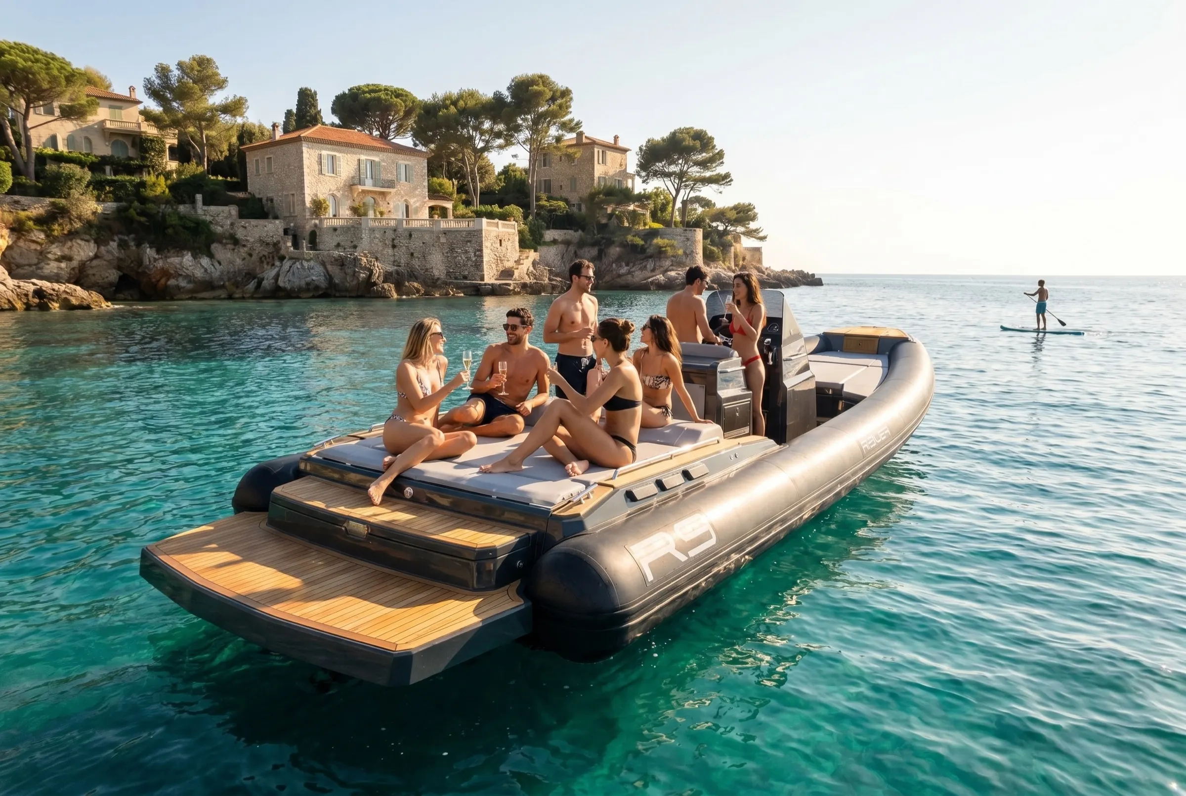 Renier R9 anchored on the Riviera with guests on the foredeck