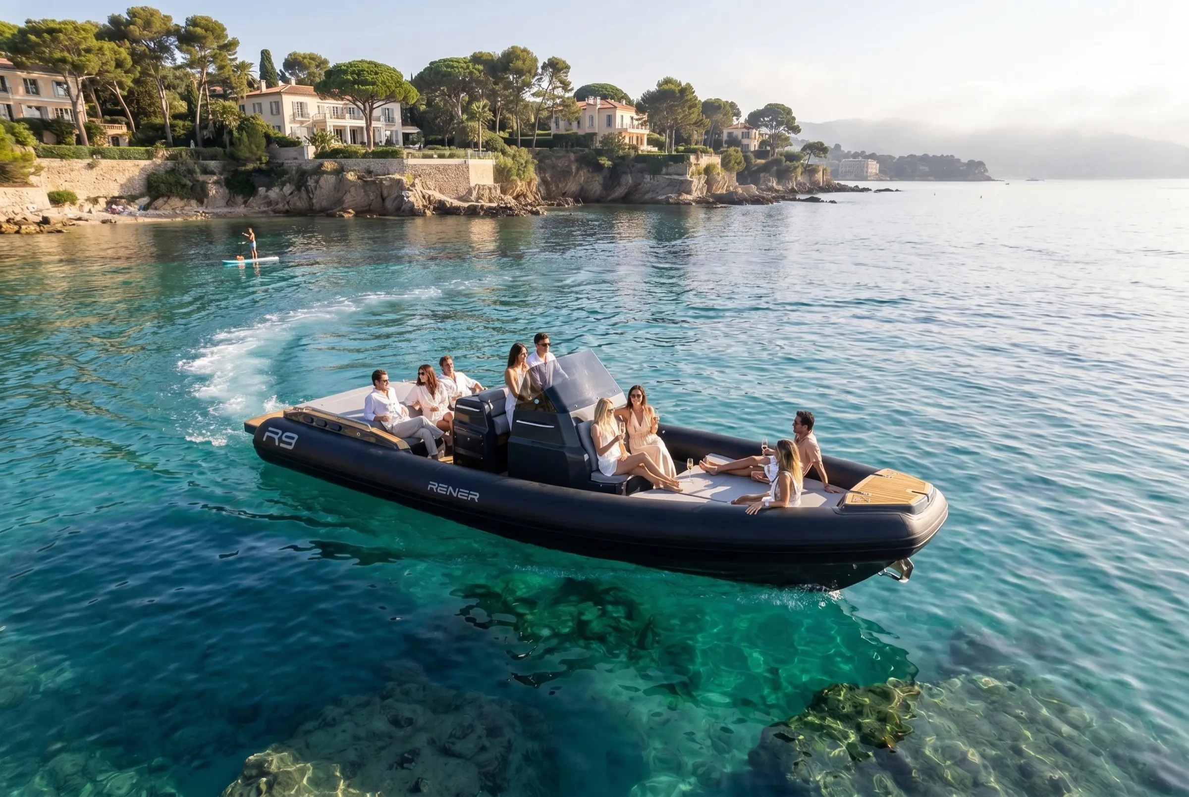 Renier R9 stern with teak swim platform and guests sipping champagne